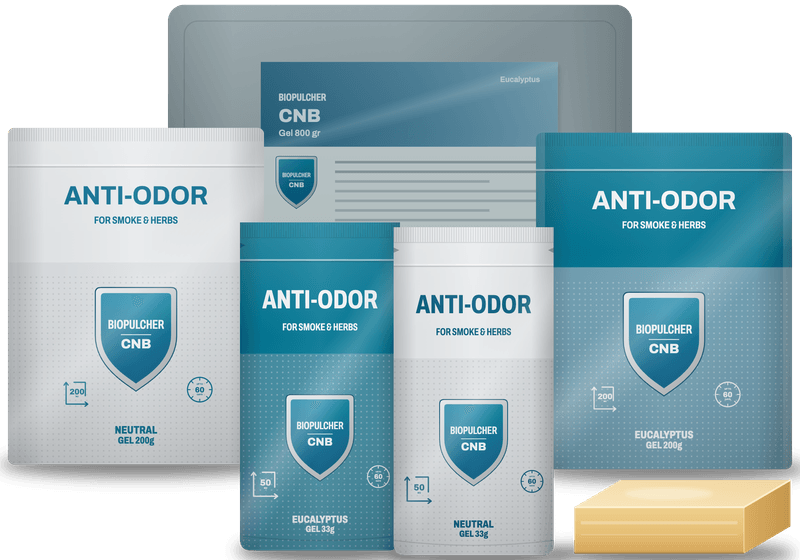 Illustrated packs: in front, 33 g and 200 g pouches, Neutral in white and Eucalyptus in blue, with Biopulcher and CNB on the shields; behind them the 800 g pack, front right a block of gel.